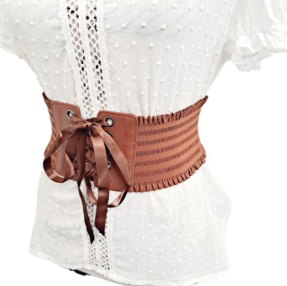 Corset Boho Wide Brown Belt lace up elastic stretch waist ruffle Statement S/M - Picture 6 of 11